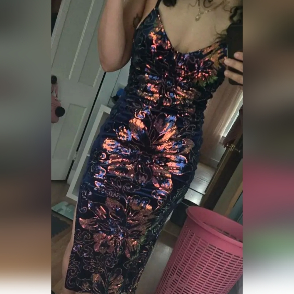 Rainbow Iridescent Sequin Floral Midi Dress W/Deep V Neck & High Thigh Split (S) - Picture 10 of 10